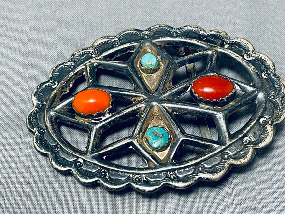 Tremendous Vintage Native American Navajo Morenci Turquoise Coral Sterling Silver Buckle-Nativo Arts