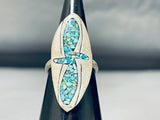 Authentic Older Vintage Native American Navajo Turquoise Inlay Sterling Silver Ring Old-Nativo Arts