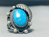 Vibrant Blue Turquoise Vintage Native American Navajo Sterling Silver Leaf Ring Old-Nativo Arts