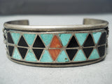 Intricate Lateyice Vintage Native American Zuni Turquoise Sterling Silver Inlay Bracelet Old-Nativo Arts