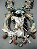 Native American Biggest Best Vintage Zuni Turquoise Owl Sterling Silver Squash Blossom Necklace-Nativo Arts