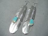 Longest 4' Long Native American Navajo Royston Turquoise Sterling Silver Feather Earrings-Nativo Arts