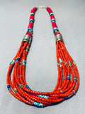 Rare Coral Heishi Native American Navajo Turquoise Sterling Silver Necklace-Nativo Arts