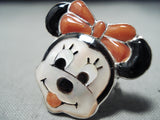 Whimsical Native American Zuni Coral Jet Mother Of Pearl Sterling Silver Minnie Mouse Ring-Nativo Arts