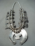 Signed Women's Vintage Native American Navajo Lapis Sterling Silver Squash Blossom Necklace-Nativo Arts