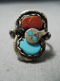 Amazing Vintage Zuni Turquoise & Coral Sterling Silver Snake Ring Native American-Nativo Arts