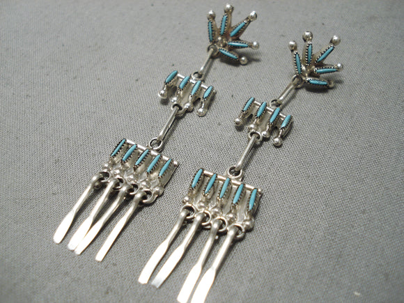Long 3 Tier Green Turquoise Sterling Silver Zuni Native American Earrings-Nativo Arts
