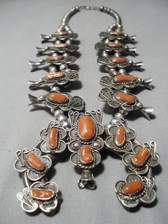 Authentic Vintage Native American Navajo Coral Sterling Silver Squash Blossom Necklace Old-Nativo Arts
