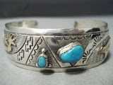 Rare Vintage Native American Navajo Gold Bear Carico Lake Turquoise Sterling Silver Bracelet-Nativo Arts