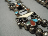 Native American Intricate!! Vintage Zuni Turquoise Inlay Sterling Silver Squash Blossom Necklace-Nativo Arts