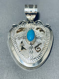 Dazzling Native American Navajo Signed Kingman Turquoise 12kgf Bear Sterling Silver Pendant-Nativo Arts