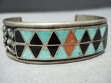 Intricate Lateyice Vintage Native American Zuni Turquoise Sterling Silver Inlay Bracelet Old-Nativo Arts