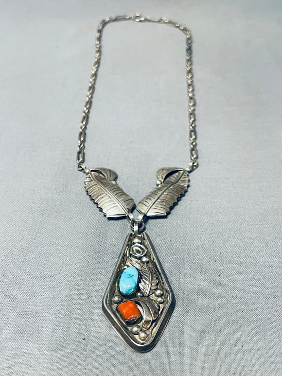 Beautiful Vintage Native American Navajo Turquoise Coral Leaf Sterling Silver Necklace-Nativo Arts