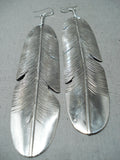 Very Long Navajo Native American Sterling Silver Feather Earrings-Nativo Arts
