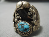 Huge Vintage Native American Zuni Men's Blue Warrior Turquoise Sterling Silver Ring Old-Nativo Arts