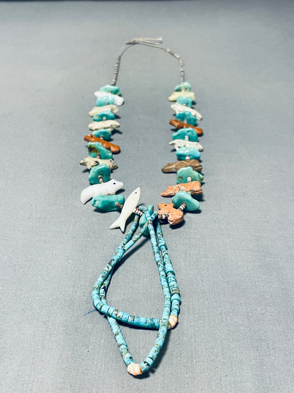 Rare Vintage Native American Zuni Turquoise Coral Shell Fetish Turquoise Jacla Necklace-Nativo Arts