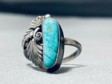 Rare Turquoise Vintage Native American Navajo Carico Lake Sterling Silver Leaf Ring-Nativo Arts