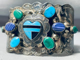 Native American Huge Vintage Navajo Turquoise Heart Sterling Silver Wide Bracelet Old-Nativo Arts