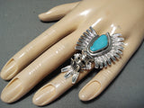 Marvelous Native American Navajo Signed Kingman Turquoise Sterling Silver Kachina Ring-Nativo Arts
