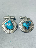 Best Vintage Native American Navajo Blue Thunder (rare) Turquoise Sterling Silver Cufflinks-Nativo Arts