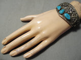 Detailed Petroglpyh Vintage Native American Navajo Turquoise Sterling Silver Bracelet Old-Nativo Arts