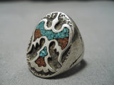 Tremendous Vintage Native American Navajo Turquoise Coral Inlay Sterling Silver Ring-Nativo Arts