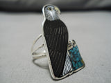 Important Native American Zuni Harlan Coonsis Turquoise Inlay Sterling Silver Ring-Nativo Arts