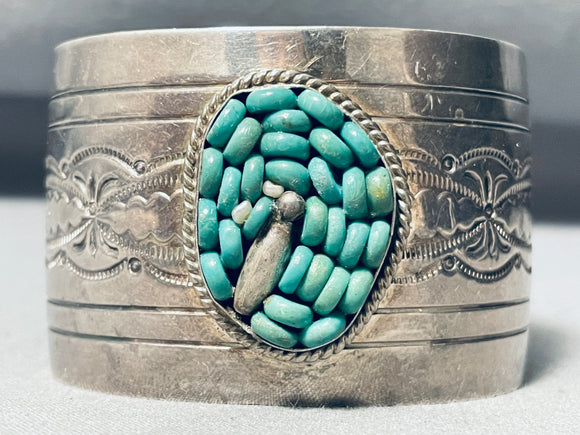 One Of The Most Unique Vintage Native American Navajo Turquoise Inlay Sterling Silver Bracelet-Nativo Arts