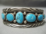 Rare Wide Wave Stamp Vintage Native American Navajo Blue Turquoise Sterling Silver Bracelet Old-Nativo Arts