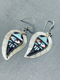 Native American One Of The Most Detailed Zuni Turquoise Inlay Sterling Silver Leaf Earrings-Nativo Arts
