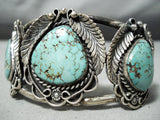 Intense Vintage Native American Navajo Carico Lake Turquoise Sterling Silver Leaf Bracelet-Nativo Arts