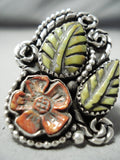 Native American Important Hand Carved Royston Turquoise Coral Sterling Silver Ring-Nativo Arts
