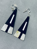 Native American Stunning Vintage Santo Domingo Inlay Jet Mother Of Pearl Large Earrings-Nativo Arts
