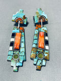 Native American Phenomenal Santo Domingo Turquoise Coral Spiny Inlay Sterling Silver Earrings-Nativo Arts