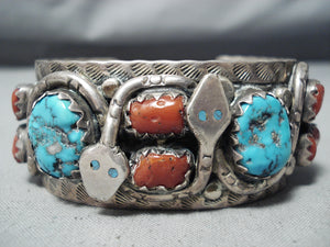 Important Vintage Heavy Native American Navajo Turquoise Coral Sterling Silver Bracelet-Nativo Arts