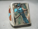 Important Native American Zuni Bluejay Turquoise Sterling Silver Coral Ring-Nativo Arts