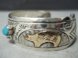 Rare Vintage Native American Navajo Gold Bear Carico Lake Turquoise Sterling Silver Bracelet-Nativo Arts