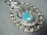 Heavy Native American Navajo Pilot Mountain Turquoise Sterling Silver Necklace-Nativo Arts