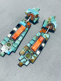 Native American Phenomenal Santo Domingo Turquoise Coral Spiny Inlay Sterling Silver Earrings-Nativo Arts