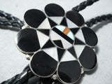Remarkable Native American Zuni Inlay Jet Turquoise Coral Sunface Sterling Silver Bolo-Nativo Arts