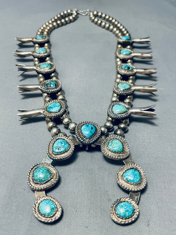 Vintage Native Indian Navajo Sterling Silver Squash Blossom & Sodalite  Necklace