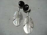 Expert Detail Native American Navajo Sterling Silver Black Stone Feather Earrings-Nativo Arts