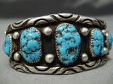 Wide Unique Wave Vintage Native American Navajo Turquoise Sterling Silver Bracelet Old-Nativo Arts