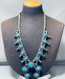 Blue Thunder Turquoise Vintage Native American Navajo Sterling Silver Squash Blossom Necklace-Nativo Arts