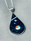 Celestial Native American Navajo Signed Inlay Jet Turquoise Cosmic Sterling Silver Necklace-Nativo Arts