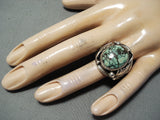 Incredible Vintage Native American Navajo Green Turquoise Spiderweb Turquoise Sterling Ring-Nativo Arts