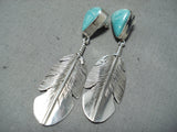 Spectacular Native American Navajo Kingman Turquoise Sterling Silver Feather Earrings-Nativo Arts