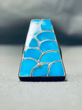 Fascinating Vintage Native American Zuni Signed Inlay Kingman Turquoise Sterling Silver Ring-Nativo Arts