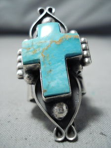Impressive Navajo Native American Turquoise Cross Sterling Silver Ring-Nativo Arts