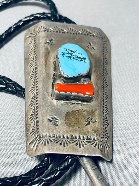 Astonishing Vintage Native American Navajo Morenci Turquoise Coral Sterling Silver Bolo-Nativo Arts